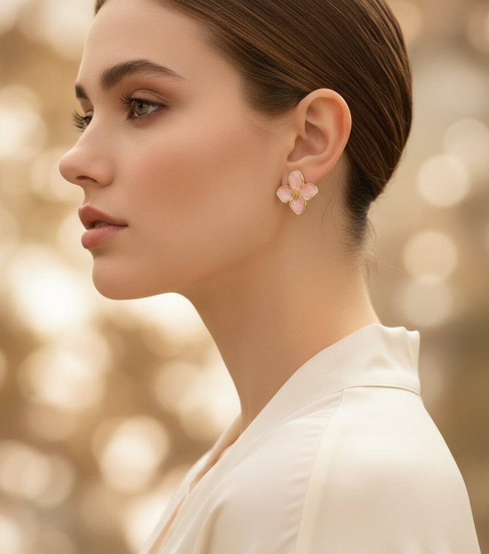 Blush Petal Enamel Floral Stud Earrings