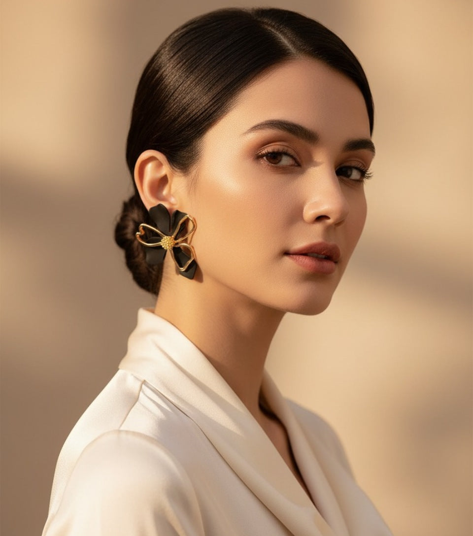 Chic Sculptural Black & Gold Statement Flower Studs