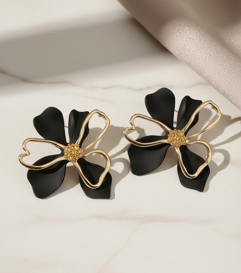 Chic Sculptural Black & Gold Statement Flower Studs