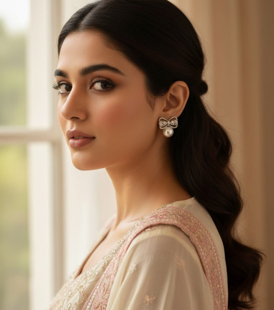 Elegant Crystal Bow Pearl Stud Earrings