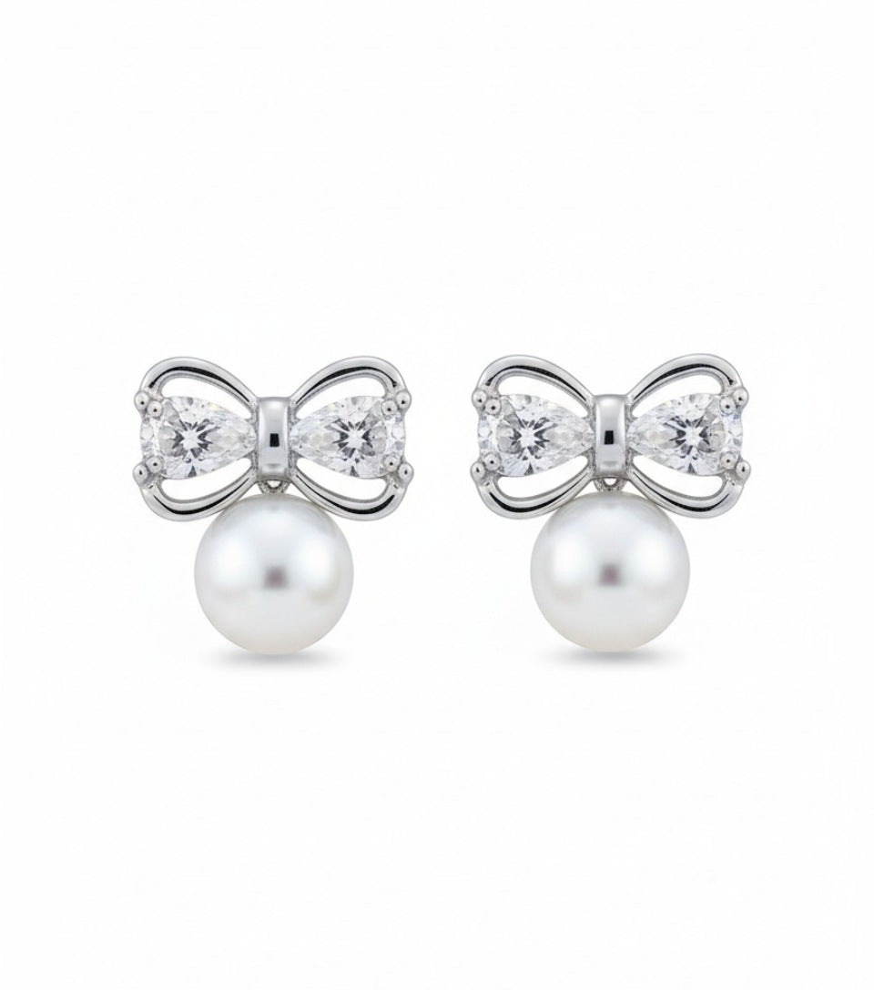 Elegant Crystal Bow Pearl Stud Earrings