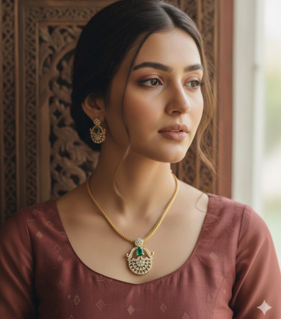 Emerald Leaf Pendant Necklace Set