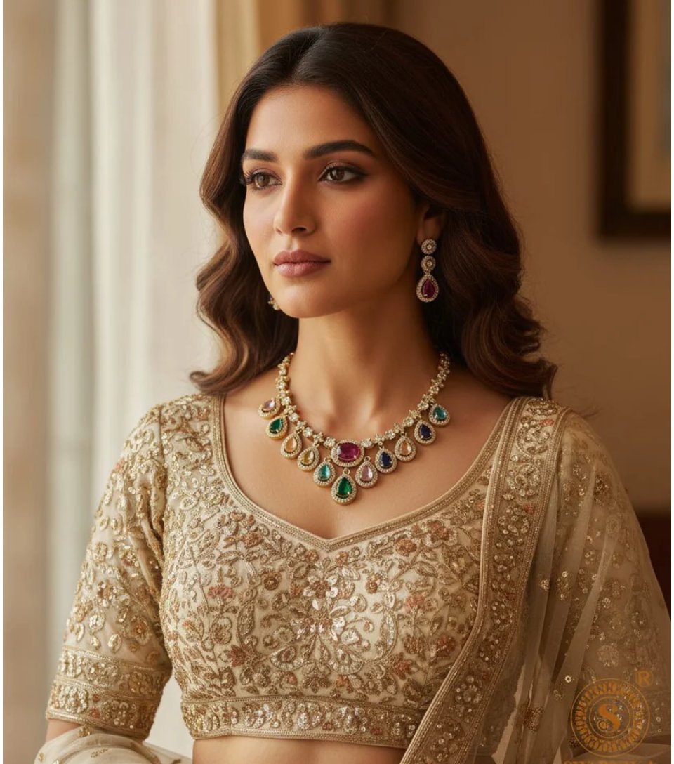 Navratna Teardrop Necklace Set