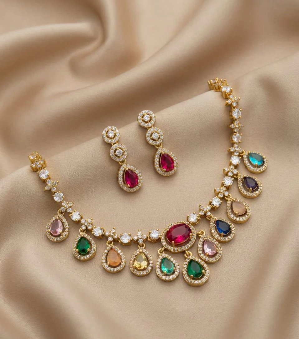 Navratna Teardrop Necklace Set