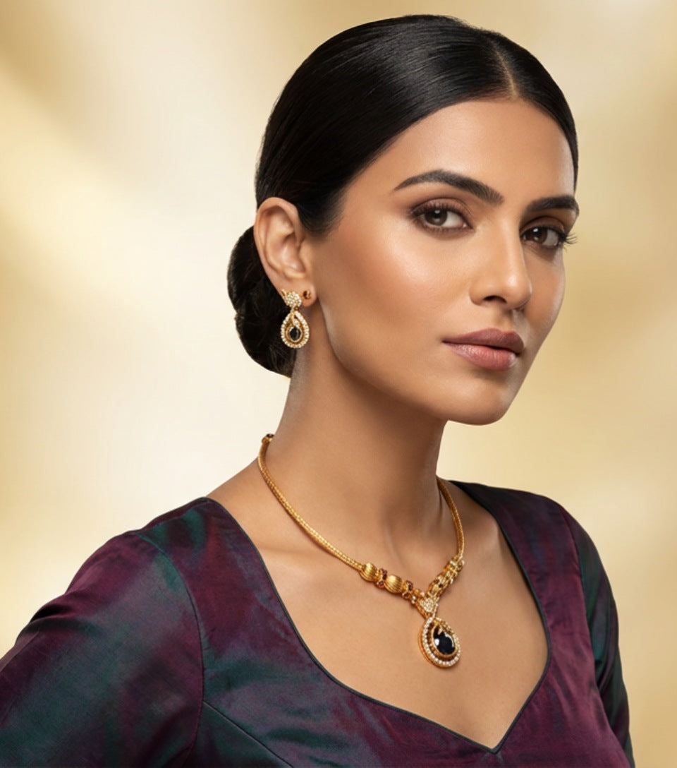 Royal Midnight Blue Leaf Pendant Necklace Set