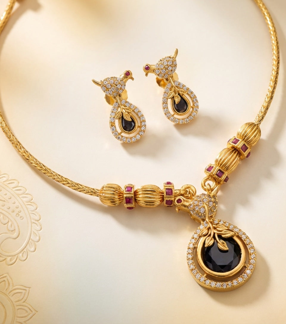 Royal Midnight Blue Leaf Pendant Necklace Set