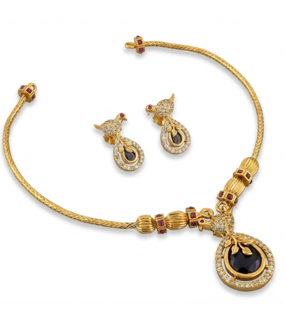 Royal Midnight Blue Leaf Pendant Necklace Set