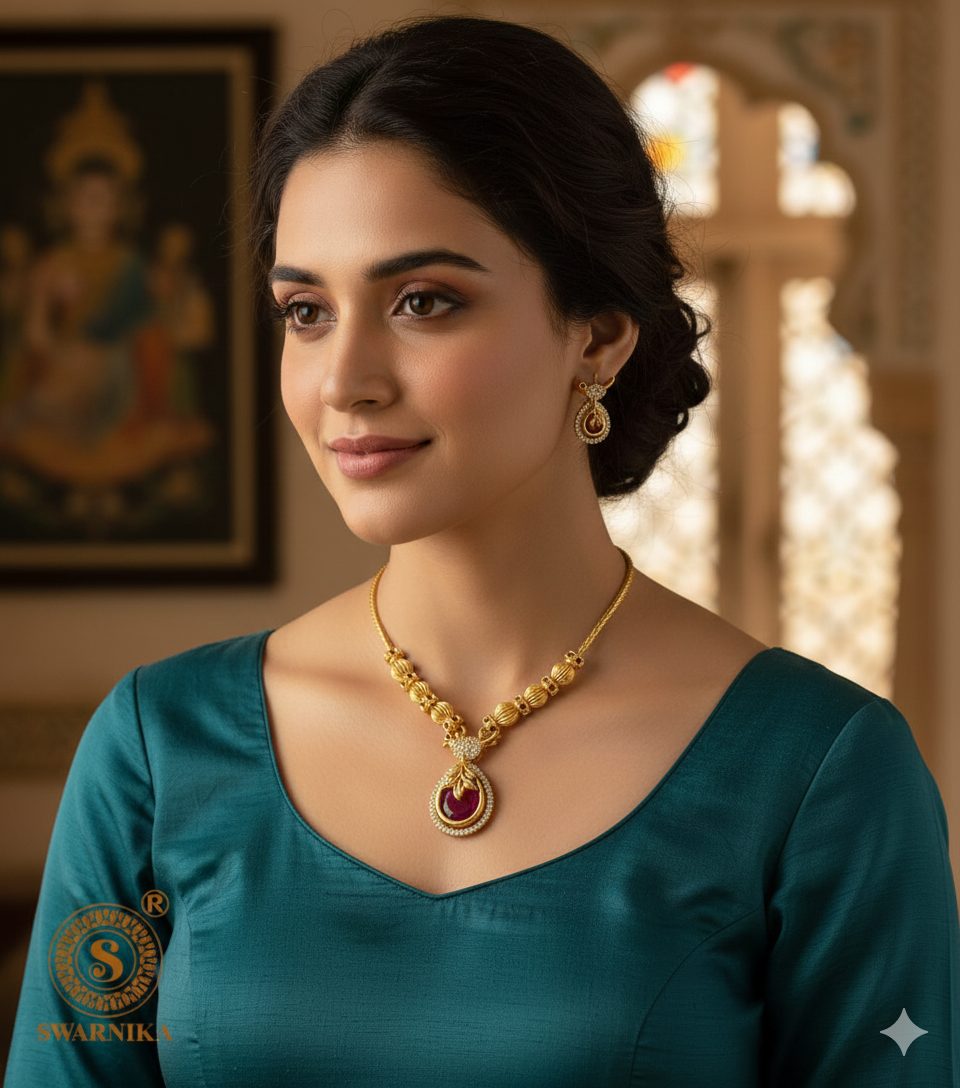 Ruby Leaf Pendant Necklace Set