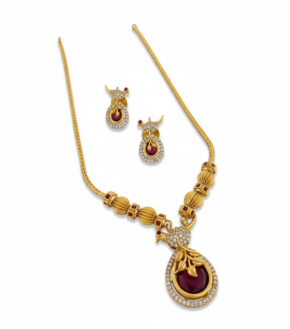Ruby Leaf Pendant Necklace Set
