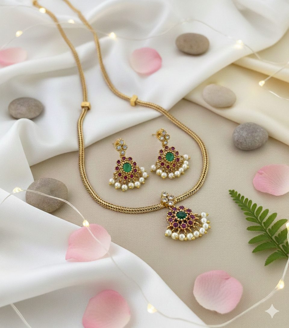 Ruby–Emerald Pearl Fan Necklace Set