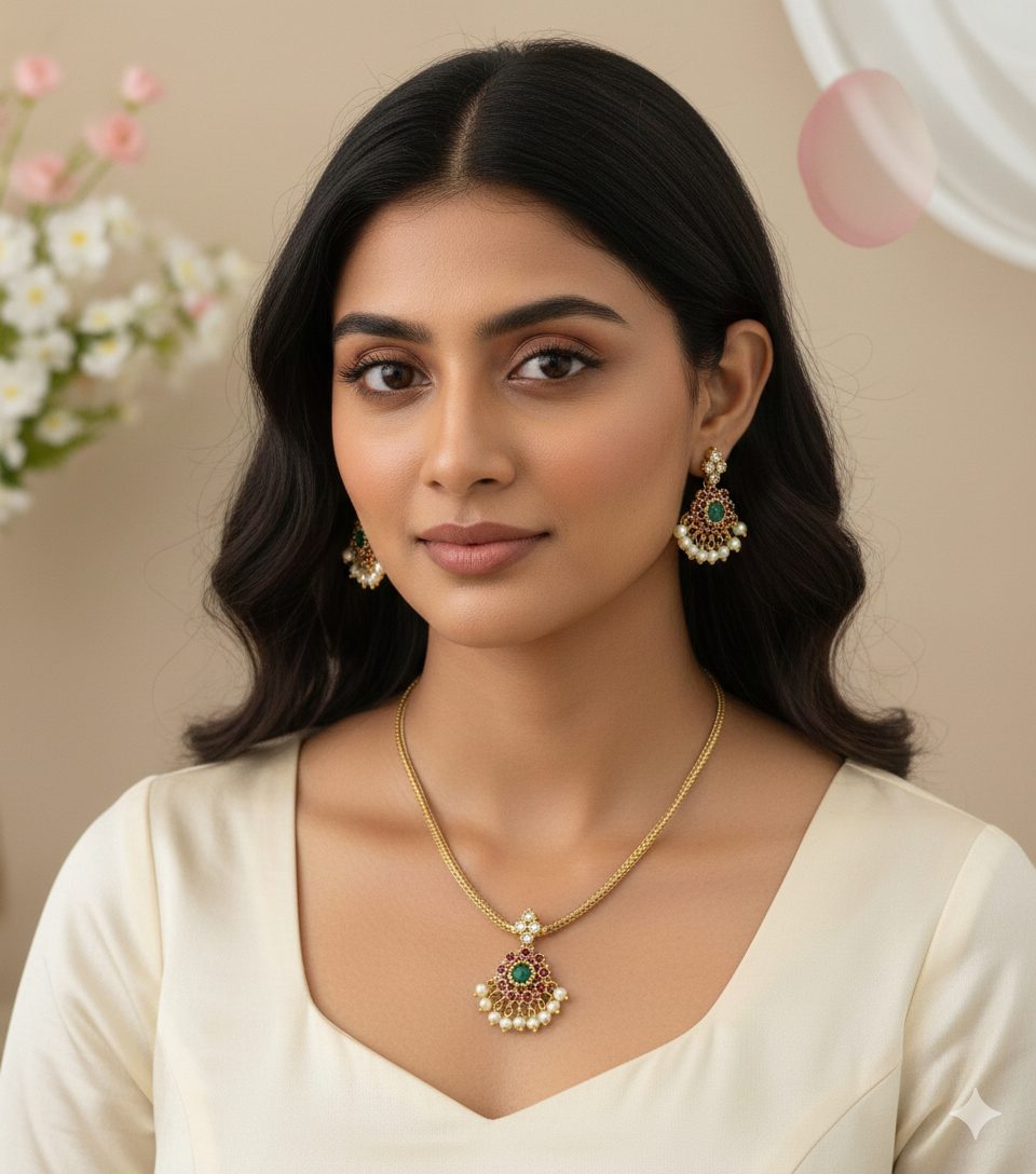 Ruby–Emerald Pearl Fan Necklace Set