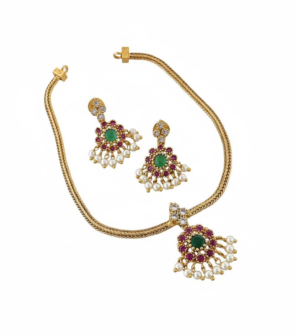 Ruby–Emerald Pearl Fan Necklace Set