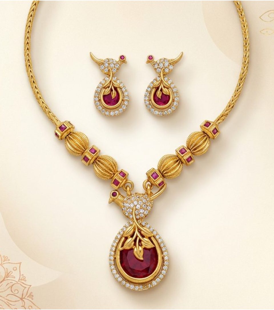 Ruby Leaf Pendant Necklace Set