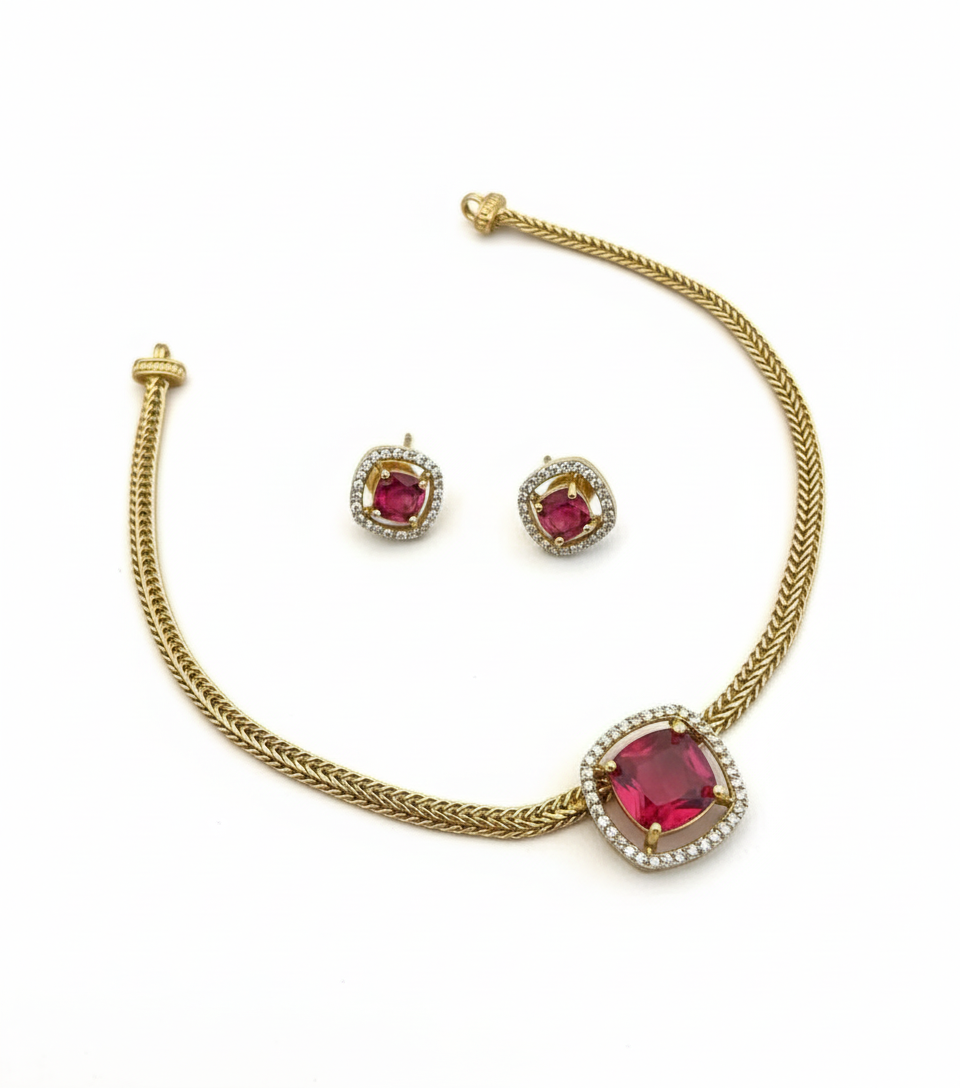 Ruby Glow Necklace Set - Gold Plated with Matching Earrings