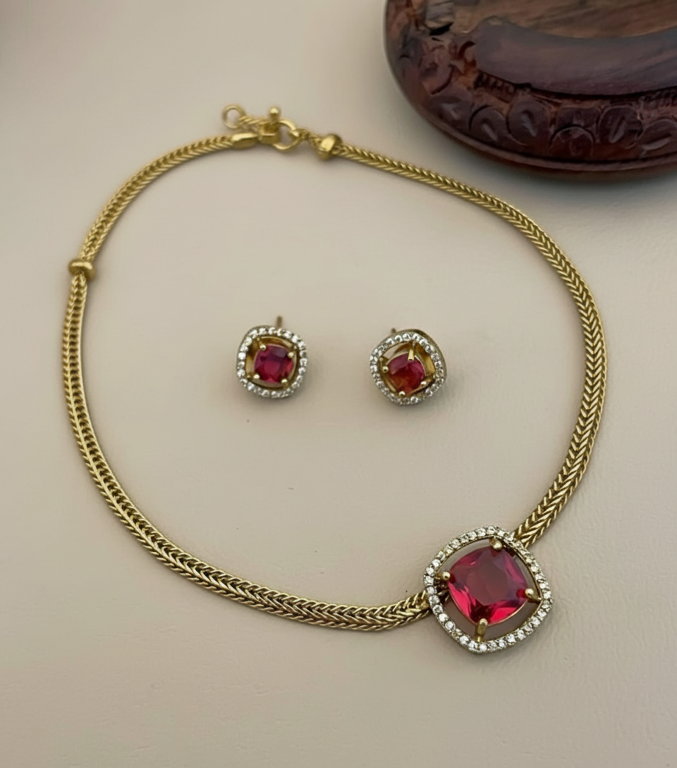 Ruby Glow Necklace Set - Gold Plated with Matching Earrings